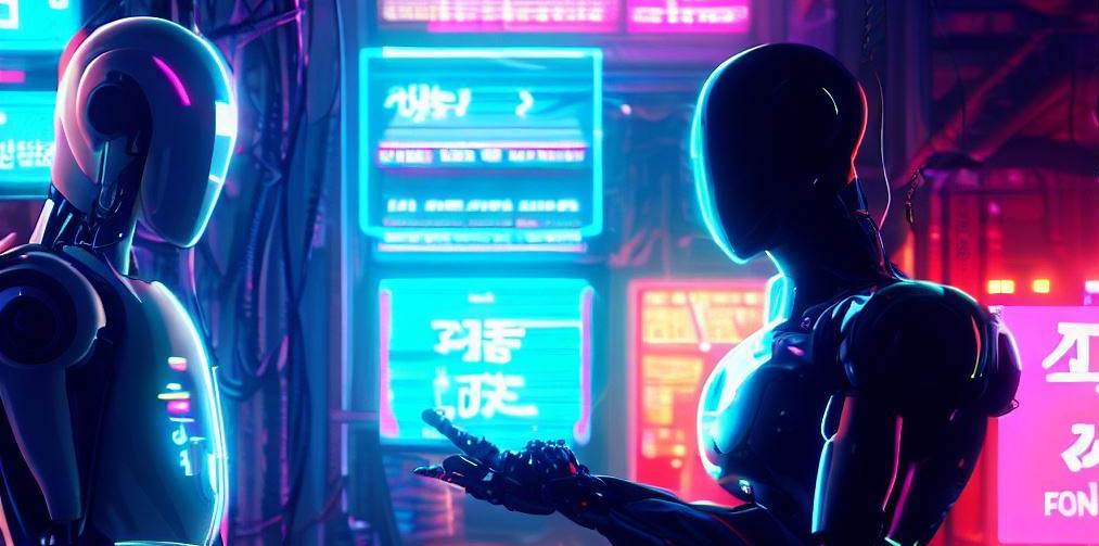 Robots talking to each other in a neon city